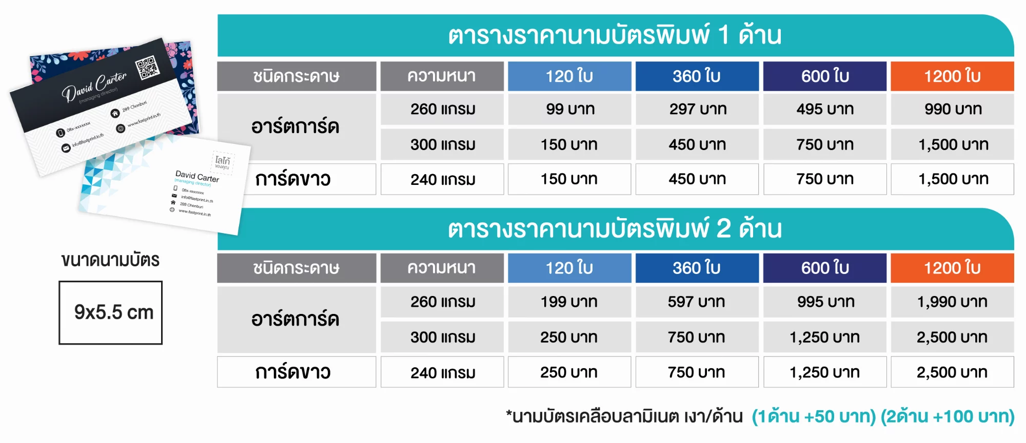 Business card price table, one and two sides