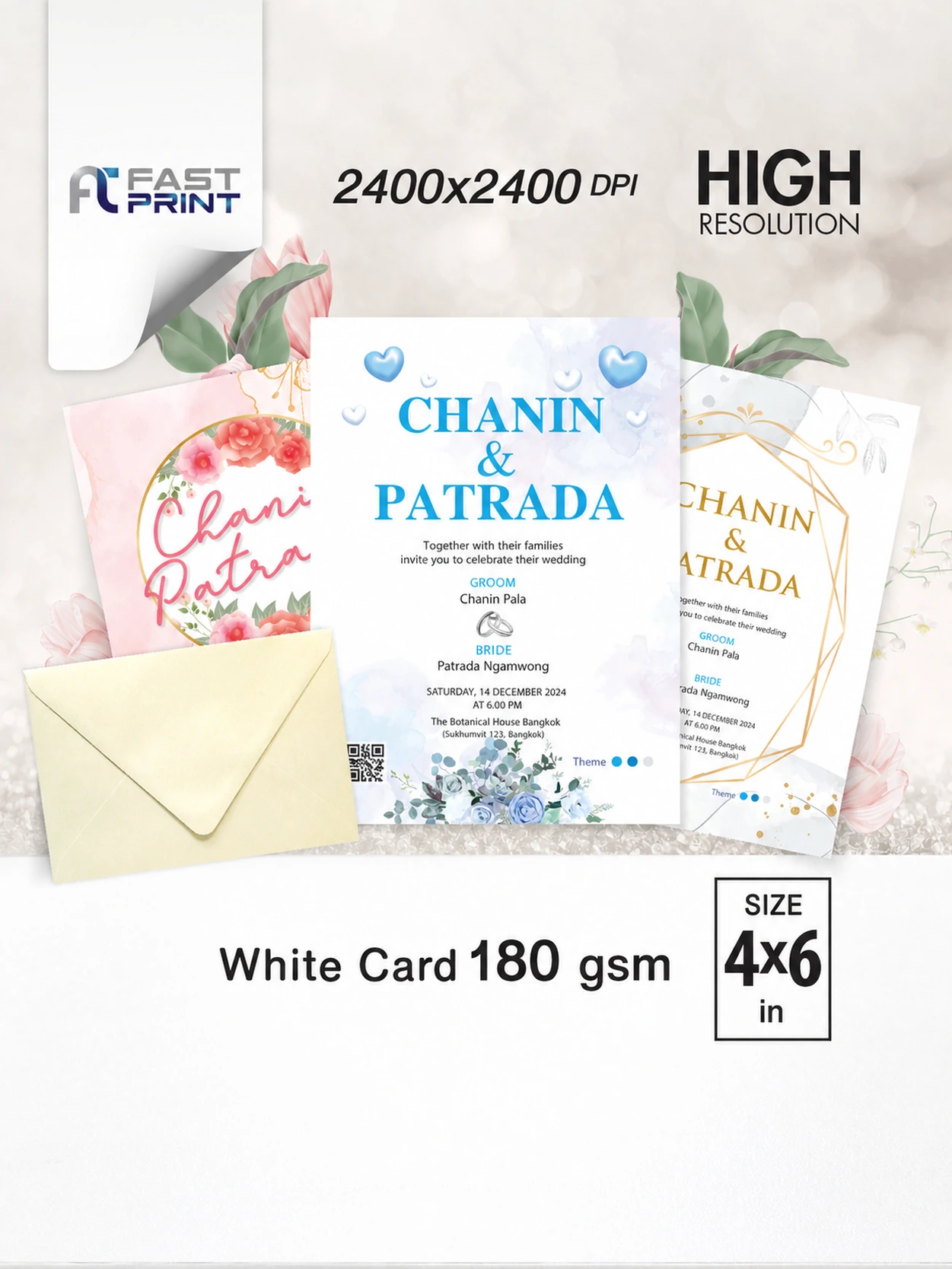 Wedding invitation 4x6 in, 180 gsm white card, printed by Fastprint