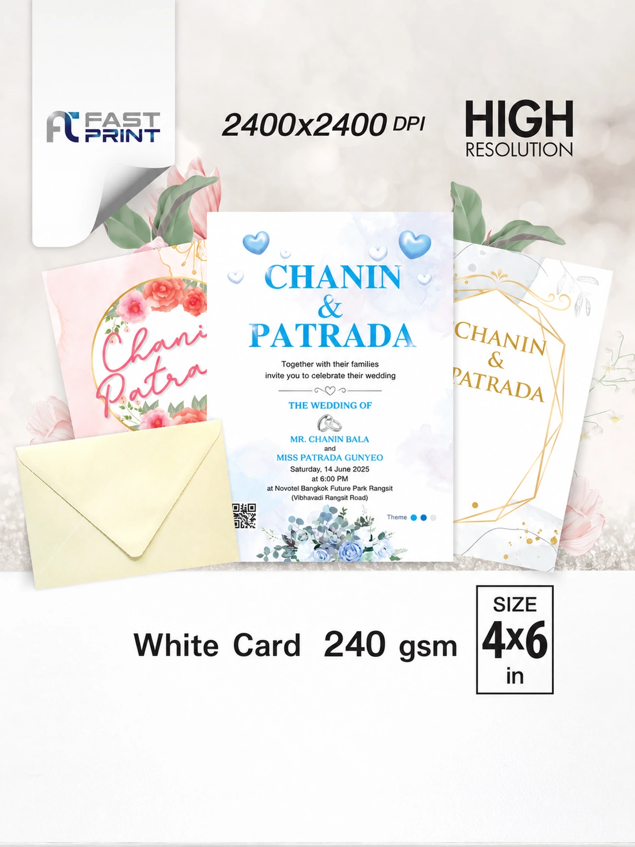 Wedding invitation 4x6 in, 240 gsm white card, printed by Fastprint