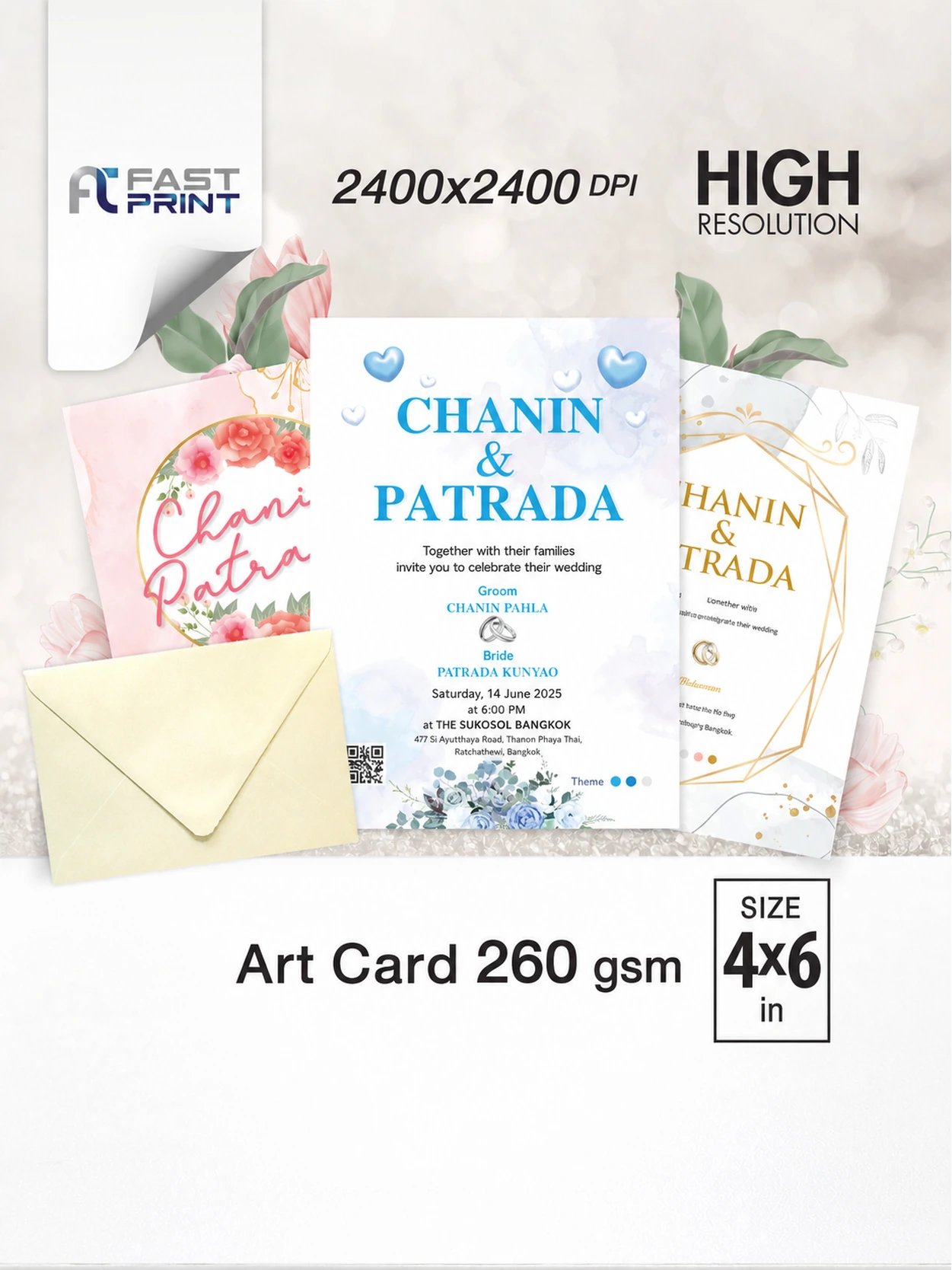 Wedding invitation 4x6 in, 260 gsm art card, printed by Fastprint