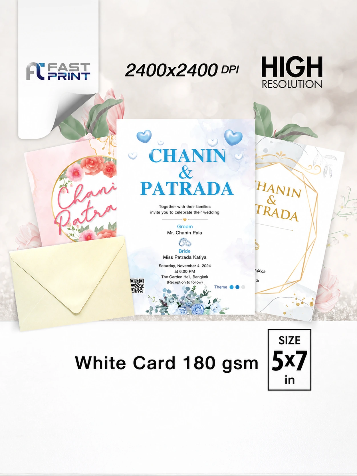 Wedding invitation 5x7 in, 180 gsm white card, printed by Fastprint
