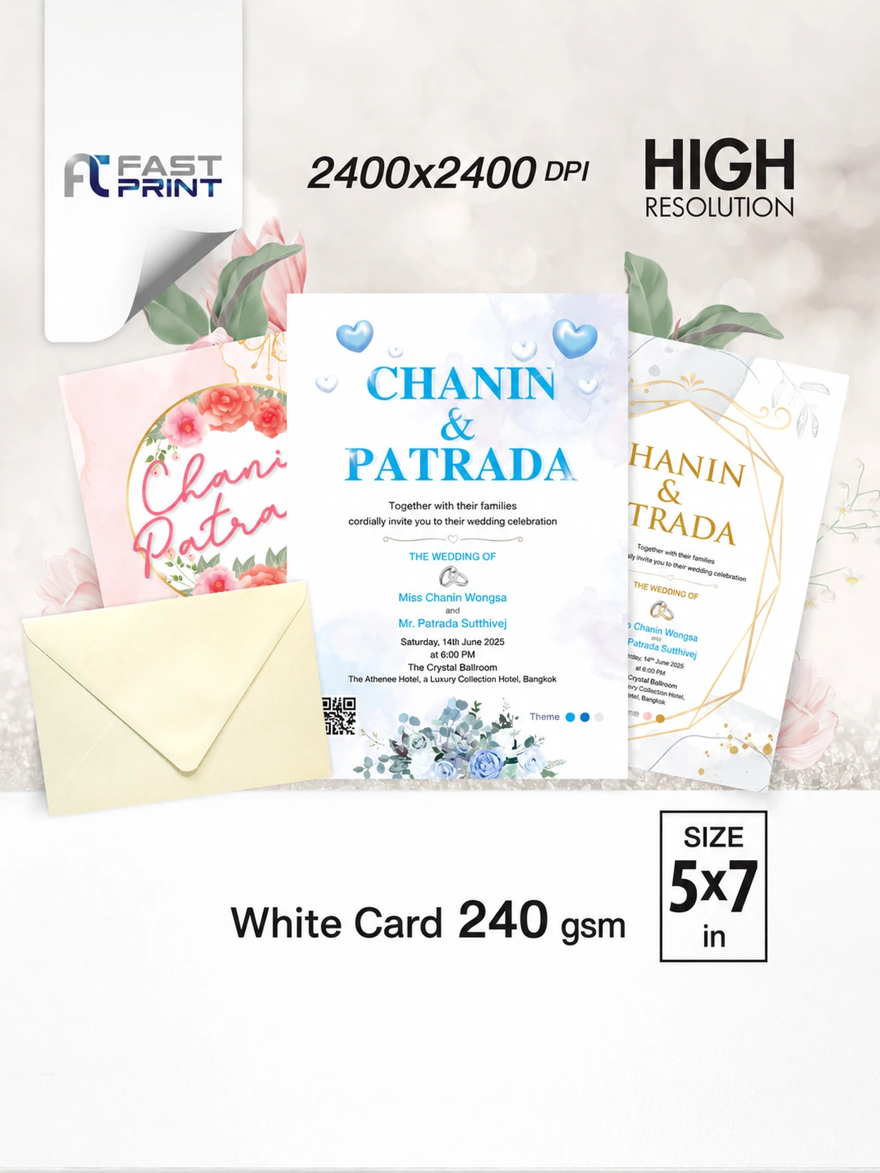 5x7-18_0 Wedding invitation 5x7 in, 240 gsm white card, printed by Fastprint