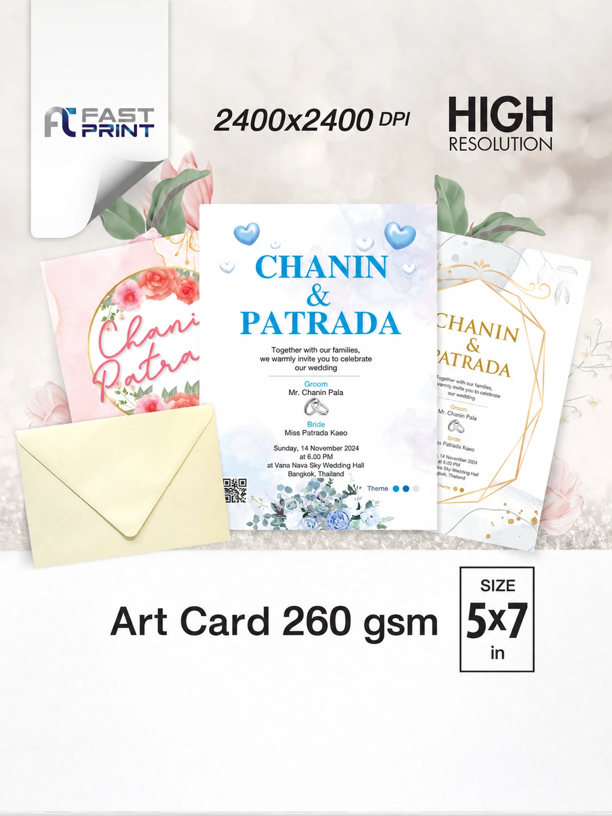 Wedding invitation 5x7 in, 260 gsm art card, printed by Fastprint